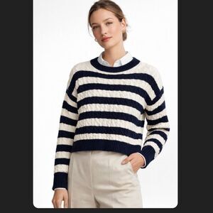 Sage + Stone Navy White Striped Cable Knit Sweater Boxy Preppy Cotton Small